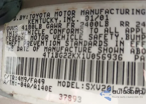 2001 Toyota Camry Ce from USA, damaged, VIN 4T1BG22KX1U056936